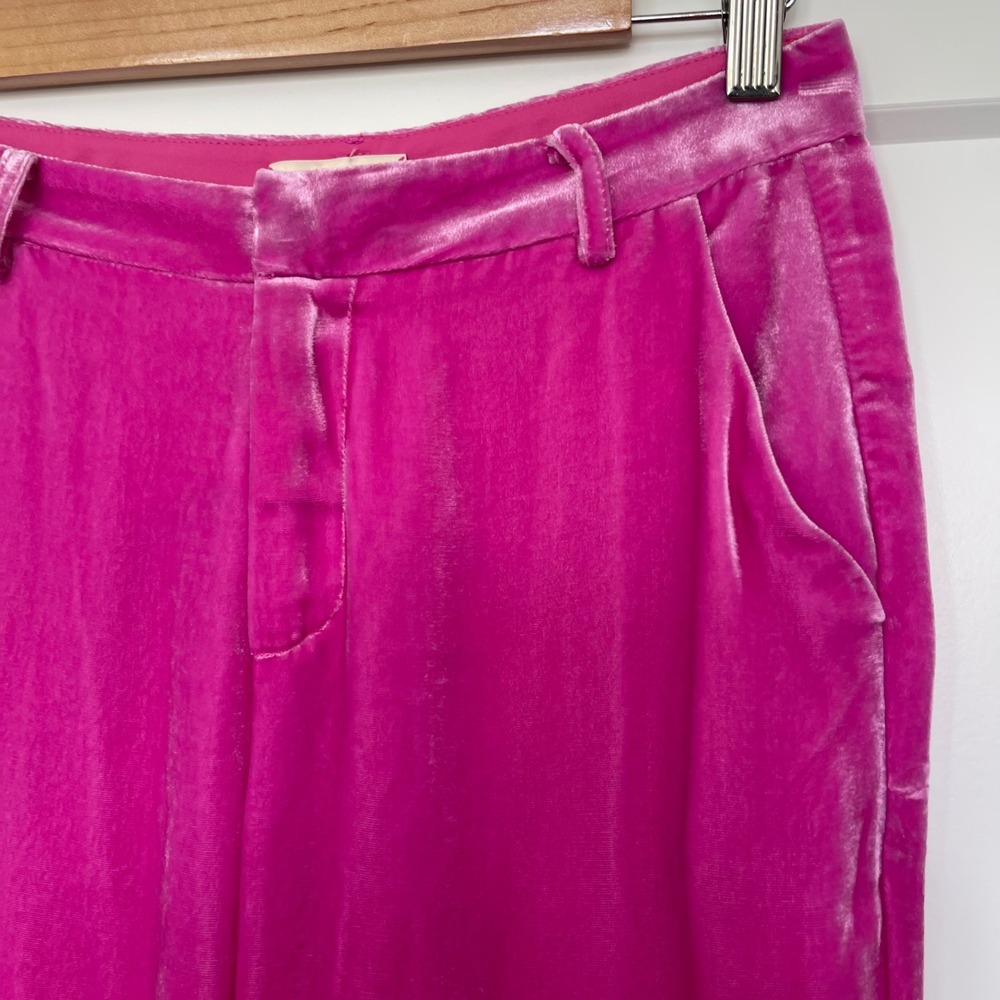 L'Agence Lane Flared‎ Trouser 2 Hot Pink Silk Blend Velvet Wide Leg French Chic - Picture 8 of 14